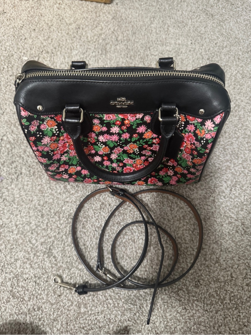 Coach Black Floral Satchel with Pink & Red Bouquet